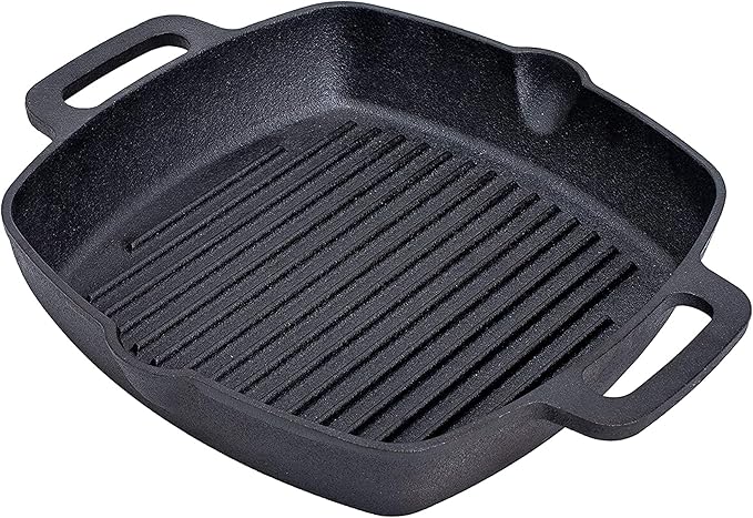 Bruntmor 10 Inch Square Cast Iron Grill Pan Steak Pan Pre Seasoned Grill Pan with Easy Grease Drain Spout, with Large Loop Handles for Grilling Bacon, Steak, and Meats