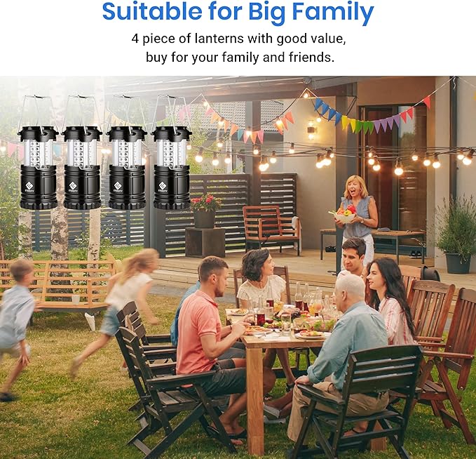 Etekcity Camping Lanterns for Power Outages 4 Pack, Flashlight for Camping Essentials, Survival Kit and Gear, Hurricane Preparedness Items, Emergency Led Battery Operated Lights, Black