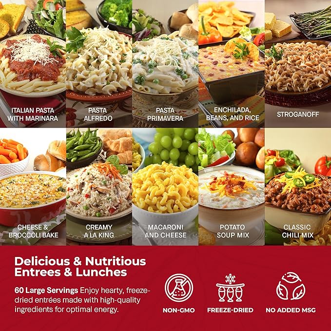 Legacy Food Storage 60 Serving Emergency Food Supply Bucket, 10 Entrees, 4 Breakfasts, 24,520 Total Calories, Shelf Stable Breakfast Lunch & Dinner, Freeze Dried Survival Meals for MRE Camping, Hiking, Prepping