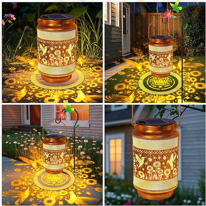 Gifts for Mom, Mom Gift Solar Lanterns Outdoor, Mother Birthday Gift from Daughter Son, Metal Solar Hanging Hummingbird Lights with Shepherd Hook for Outside Garden Yard Patio Pathway (2 Pack)