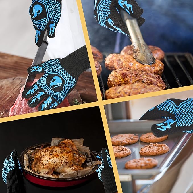 BBQ Fireproof Gloves, Grill Cut-Resistant Gloves 1472°F Heat Resistant Gloves, Non-Slip Silicone Oven Gloves, Kitchen Safe Cooking Gloves for Oven Mitts,Barbecue,Cooking, Frying,13.5 Inch-Sky Blue