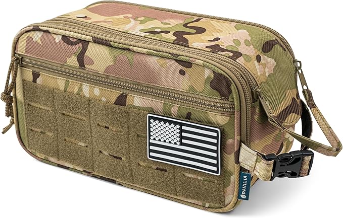 PAVILIA Tactical Toiletry Bag for Men, Travel Hygiene Bag, Military Gear Dopp Kit, Water Resist Molle Accessories Pouch, Mens Shaving Essentials, Gym Bathroom Shower Small Toiletries Tool EDC, Camo