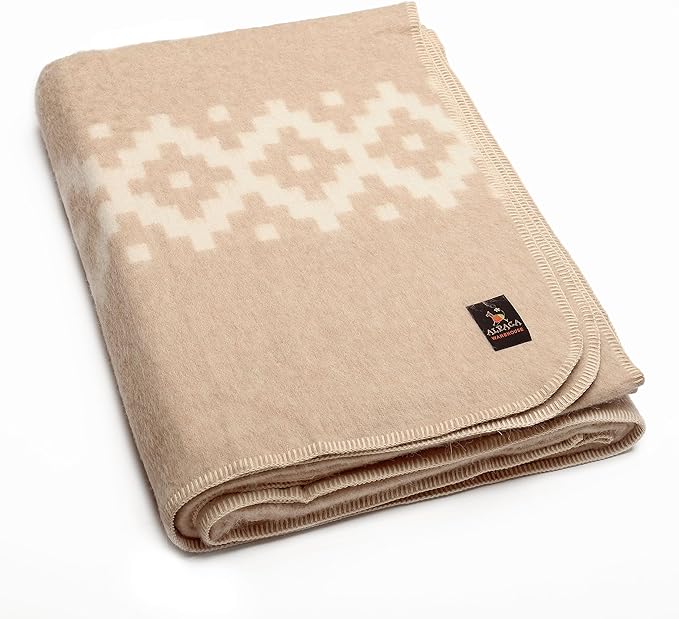 Thick Alpaca Wool Blanket Heavyweight Camping Outdoors Indoors Soft Peruvian Alpaca Wool Blankets That Come in Twin Queen King Size Ethnic Design (Beige - Ivory Stripes, King)