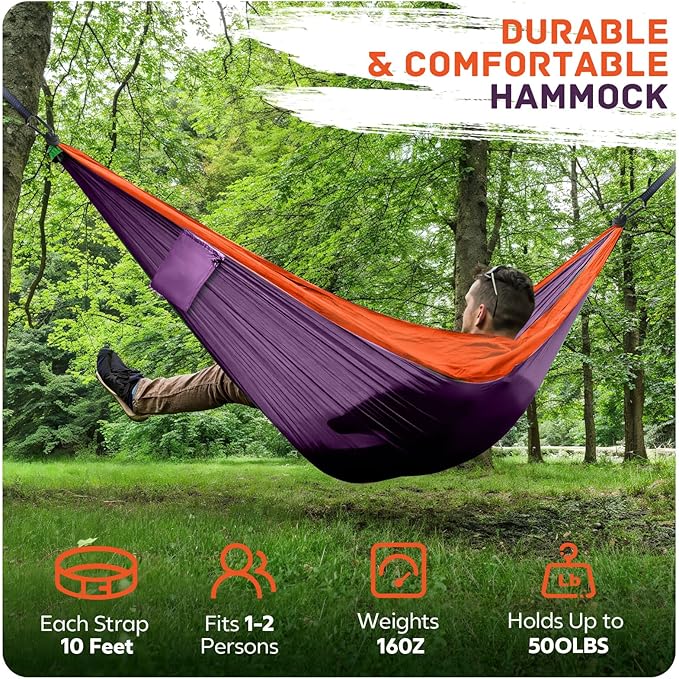 Camping Hammock Lightweight, Portable Hammocks Parachute Hammock with Two Tree Straps, Single or Double Travel Swing Nylon Camp Hammocks, Outdoor Essentials for Beach Backpacking Hiking, Orange