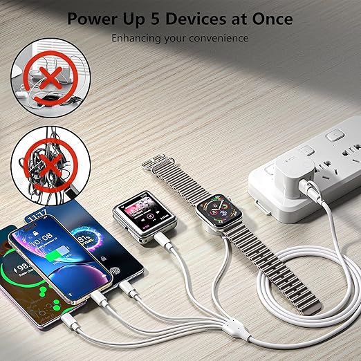 5-in-2 Multi Charging Cable for Apple Watch Charger: USB A/C Input, Lightning/Type C/Micro/Mini B/Wireless Output, for iPhone 15-13, iWatch 1-9, Galaxy S23-22, 4FT- Fast Charge- White