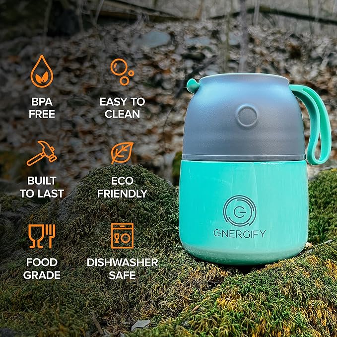 ENERGIFY Vacuum Insulated Food Jar. Large 12oz Bowl incl. Folding Spoon, Cup. Wide Mouth Keep Hot & Cold Drinks Soup Lunch Container for Adults. BPA-Free Stainless Steel, Leak Proof Mint Green