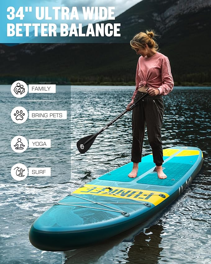 11’×34"×6" Extra Wide Inflatable Stand Up Paddle Board, Sup Board with Removable Fins, Backpack, Floating Paddle, Safety Leash, Floating Phone Case for Adults & Youth of All Skill Levels