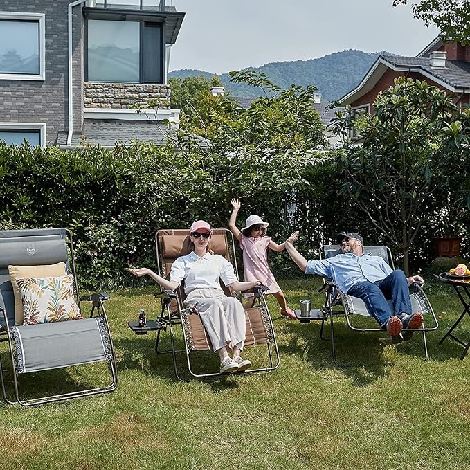 TIMBER RIDGE Oversized Zero Gravity Chair, 33In Wide XXL Zero Gravity Reclining Chair with Side Table, Full Padded Lounge Chair for Outdoor Camping Patio Lawn, Heavy Duty Supports 500lbs, Grey-2 Pack