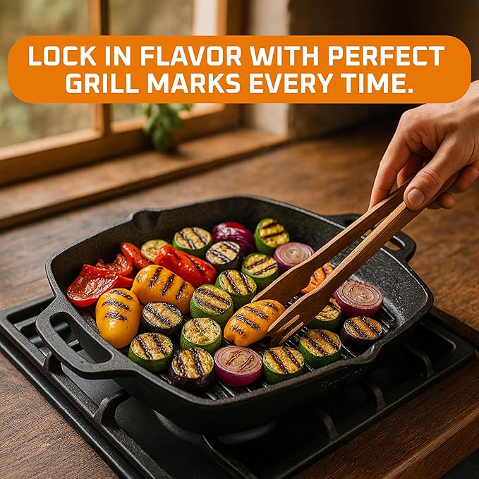 Bruntmor 13 Inch Cast Iron Pan Griddle - Pre-Seasoned Cast Iron Grill Pan for Stove Top and Outdoor Cooking - No Stick Grilling Pan with Ridges for Meats, Steaks and Vegetables - Induction Compatible