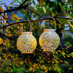 Outdoor Solar Hanging Lantern Lights Metal LED Decorative Lamp for Garden Patio Courtyard Lawn and Table with Hollowed-Out Design (White)