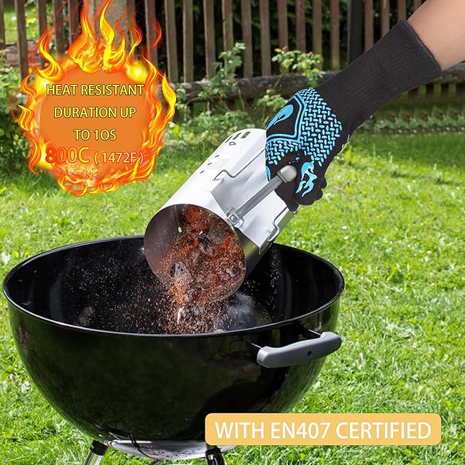 BBQ Fireproof Gloves, Grill Cut-Resistant Gloves 1472°F Heat Resistant Gloves, Non-Slip Silicone Oven Gloves, Kitchen Safe Cooking Gloves for Oven Mitts,Barbecue,Cooking, Frying,13.5 Inch-Sky Blue