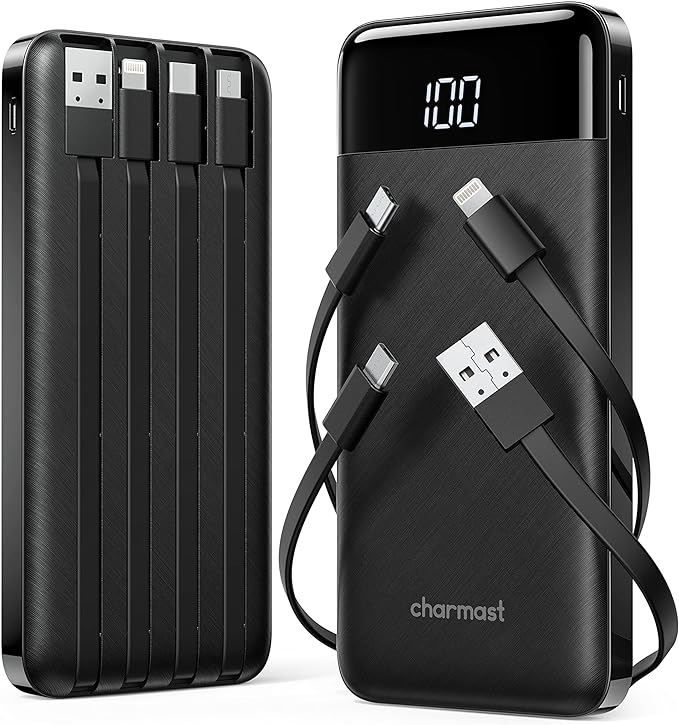 2 Packs Portable Chargers with Built in Cables, 2PCS Slim 10000mAh Travel Essentials Battery Pack 6 Outputs 3A Power Banks for iPhone Samsung Pixel LG Moto iPad