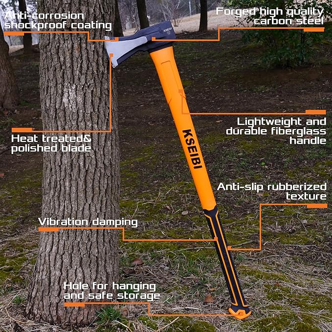 KSEIBI 36-Inch Splitting Axe - Forged Carbon Steel, Wood Splitter & Kindling Axe for Chopping, Heavy-Duty Maul with Ergonomic Fiberglass Handle, Shock Reduction, Anti-Slip Grip
