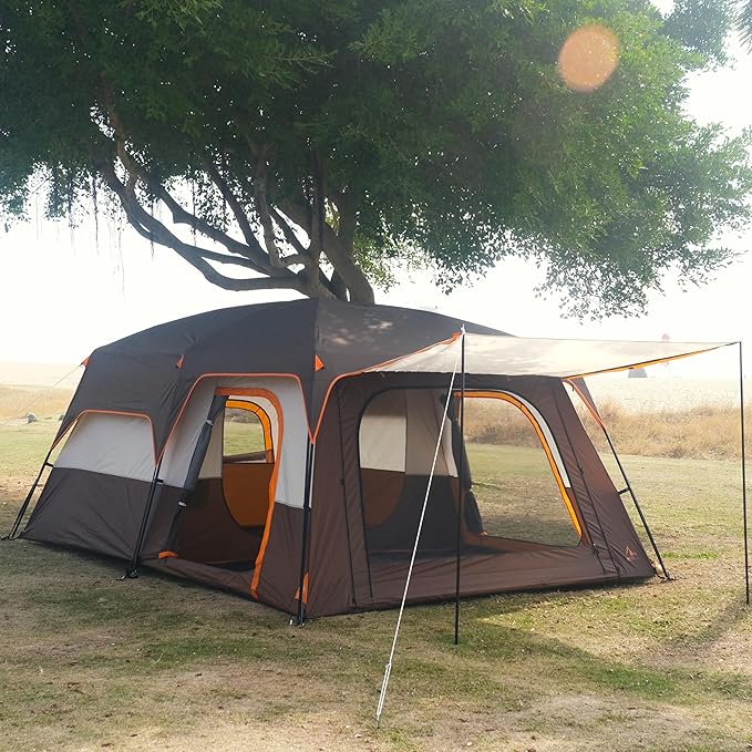 KTT Large Tent 6-12 Person,Family Cabin Tents,Straight Wall,3 Doors and 3 Windows with Mesh,Waterproof,Big Tent for Outdoor,Picnic,Camping,Family,Friends Gathering.