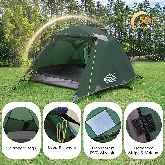 2-3 Person Backpacking Tent Double Doors 2 Vestibule 2 Skylight, Two Person Tents Waterproof Windproof 2 Man Tent for Camping Hiking Motor Cycling Biking Fishing Mountaineering UPF 50+
