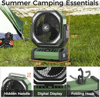 Camping Fan with Light - 20000mAh Rechargeable Battery Fan, 112Hrs Max Run Time, 8 Speeds, Digital Display, Timer, Auto Oscillation, 270° Pivot & Hook for Camping, Power Outage, Hurricane (Army Green)