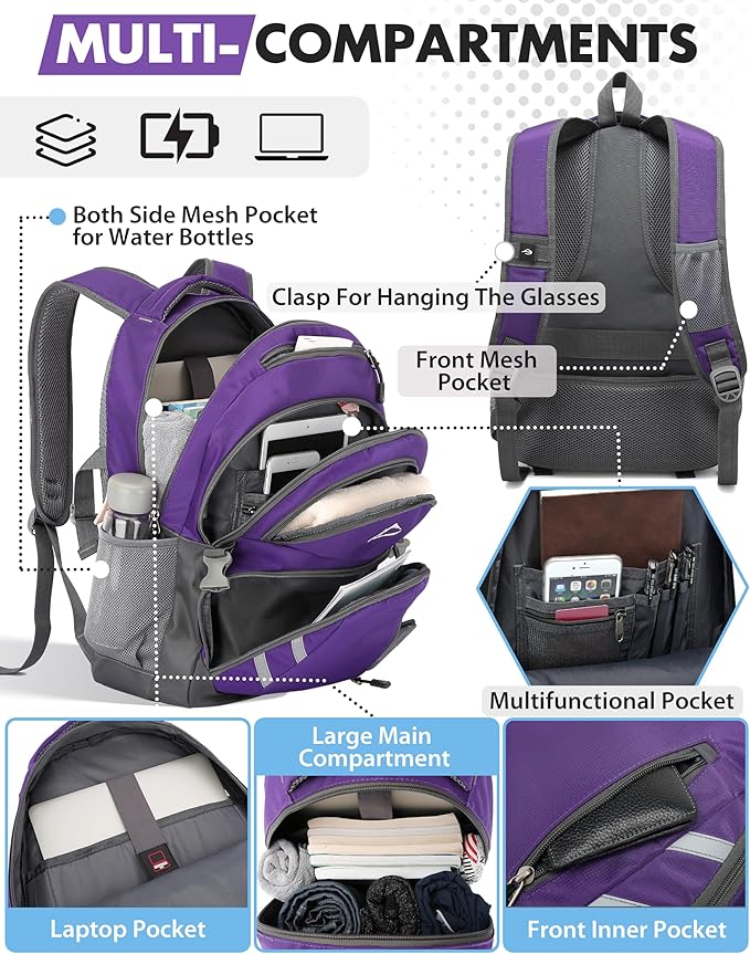 ProEtrade Backpack Bookbag for College Laptop Travel, Fit Laptop Up to 15.6 inch with USB Charging Port Multi Compartment Anti theft, Gift for Women Men (Purple)
