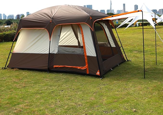 KTT Large Tent 6-12 Person,Family Cabin Tents,Straight Wall,3 Doors and 3 Windows with Mesh,Waterproof,Big Tent for Outdoor,Picnic,Camping,Family,Friends Gathering.