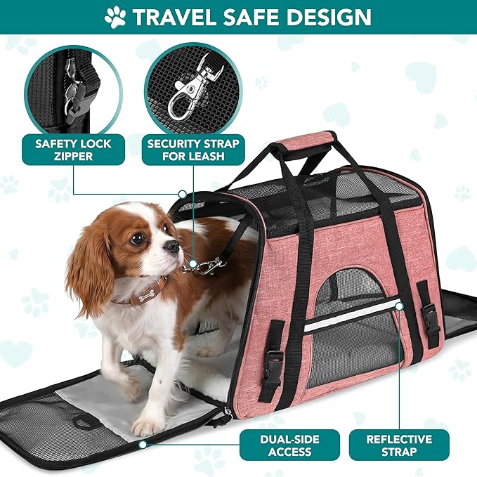 PetAmi Airline Approved Pet Carrier for Cats & Small Dogs, Soft Sided TSA Travel Carrier Bag with Sherpa Bed, Breathable Mesh Ventilation, Collapsible Bowl, Up to 18 lbs, Small Heather White Red