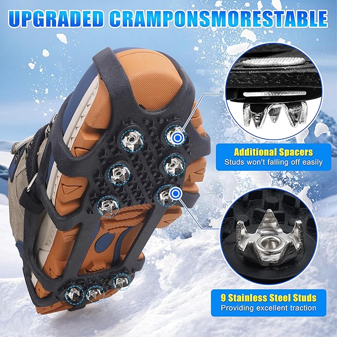 Ice Cleats for Shoes and Boots Snow Traction Cleats Crampons for Walking on Snow and Ice 9 Studs Non-Slip Overshoe Rubber Anti Slip Crampons Slip-on Stretch Footwear Winter Hiking Climbing Ice Fishing