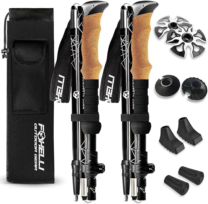 Foxelli Lightweight Trekking Poles – Compact Walking Sticks with Quick Locks, Ergonomic Cork Grip & All-Terrain Accessories – Adjustable Collapsible Poles for Travel & Hiking