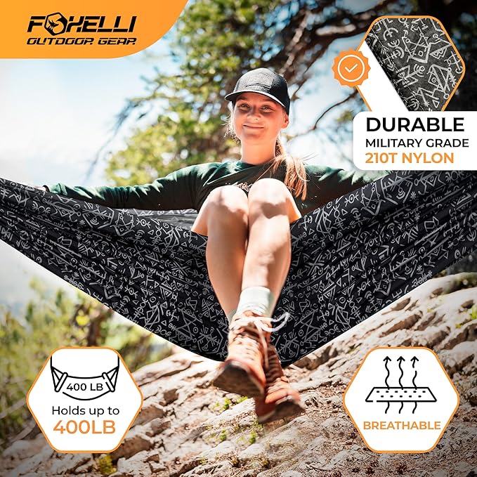Foxelli Camping Hammock - Lightweight Portable Hammock, Easy Setup with Tree-Friendly Ropes & Steel Carabiners, Heavy Duty Parachute Nylon for Indoors and Outdoors