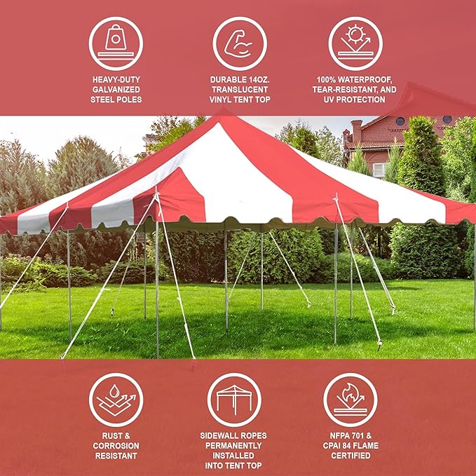Party Tents Direct 20'x20' Weekender Standard Canopy Pole Tent - Easy Up Canopy Tent with 80 Person Capacity - Outdoor Canopies for Parties, Weddings, & Events (Red/White Top)