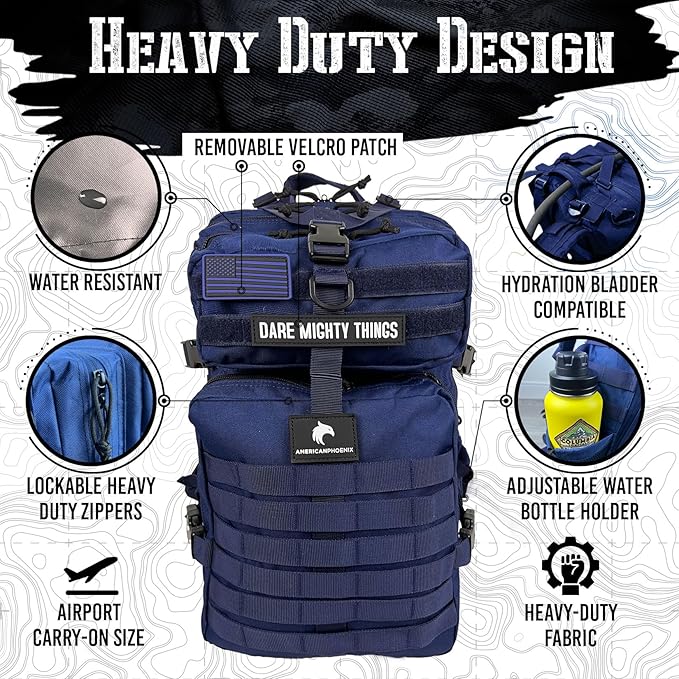 AMERICANPHOENIX 45L Elite Tactical Backpack | 3X Stronger Work & Military Backpack | Water Resistant and Heavy Duty | 3 Day MOLLE Bug Out Bag (Atlantic Blue)