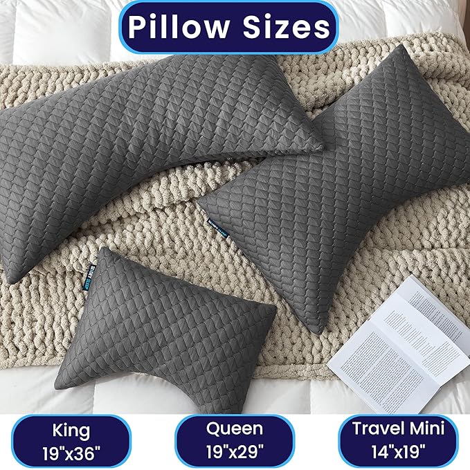 Sidney Sleep Bed Pillow for Side and Back Sleepers - Adjustable Filling - Memory Foam Pillow for Neck and Shoulder Pain - Customizable Loft - Queen Size - Additional Foam Bag Included (Grey)