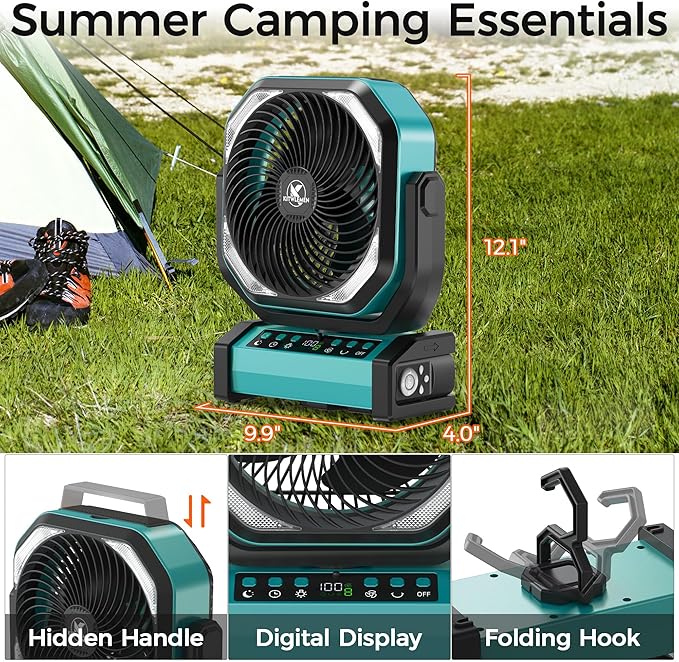 Camping Fan with Light - 20000mAh Rechargeable Battery Fan, 112Hrs Max Run Time, 8 Speeds, Digital Display, Timer, Auto Oscillation, 270° Pivot & Hook for Camping, Power Outage, Hurricane (Blue)
