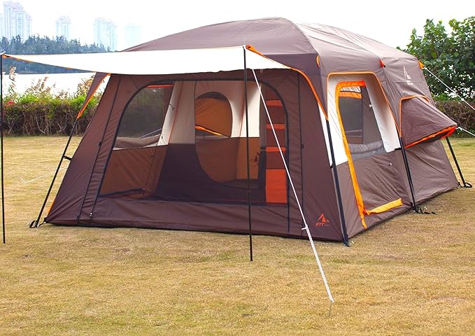 KTT Large Family Cabin Tent 10-12 Person,14.1X10X6.58ft,2 Rooms,3 Storage Pockets,2 Bay-Windows 3 Doors and 3 Windows with Mesh,Straight Wall,Waterproof,Double Layer,Big Tent for Outdoor,Camping