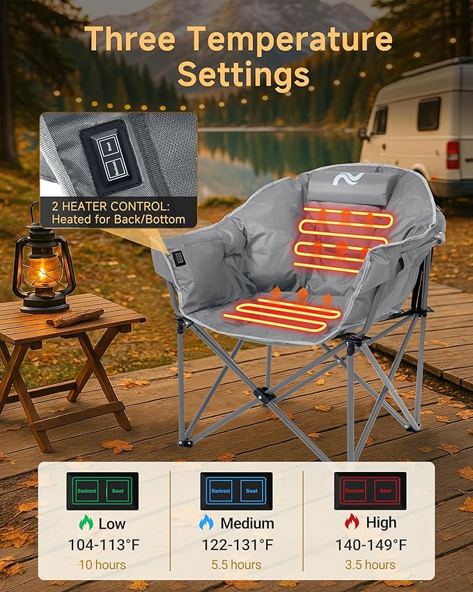 Slsy Heated Camping Chair Oversized, Outdoor Portable Heated Folding Chair, Heavy Duty 500 lbs Support, Padded Seat for Outdoor Sports, Camping, Patio, and Picnics