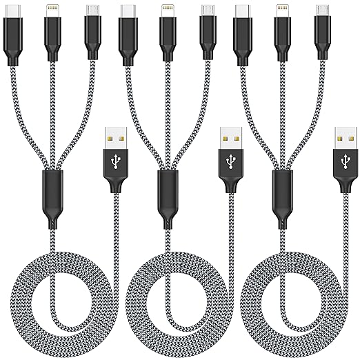 Multi Charging Cable 4ft 3Pack 3 in 1 Charger Cord, Multiple Rapid Nylon Braided Cable USB Charging Cable Multi Phone Charger Cord with Type C Micro Lightning USB Connectors for Cell Phones