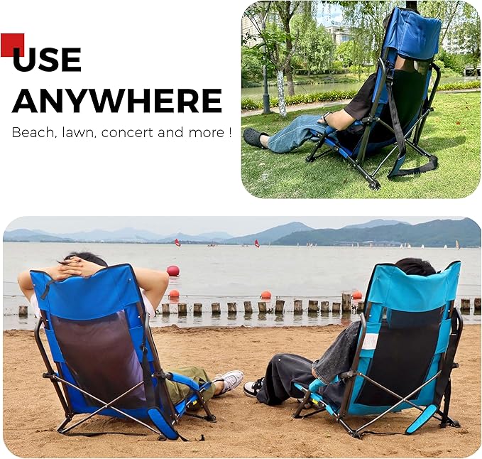 SPORT BEATS Low Beach Chairs Set of 2 Folding Beach Chairs High Back Support with Head Pillows Shoulder Straps