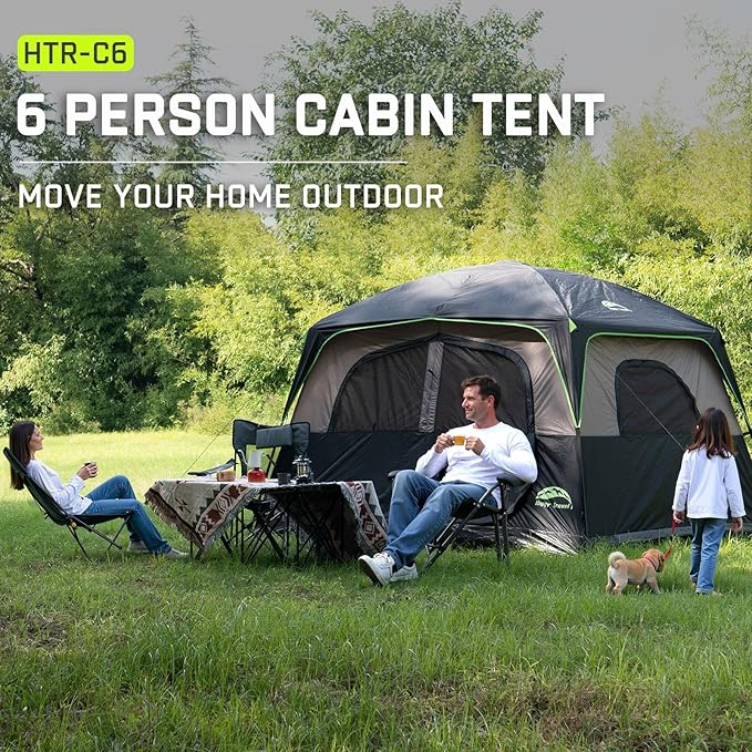 Happy Travel Tent 6 Person Tents for Camping, Waterproof Easy Setup Camping Tent with Rainfly, Portable Large Family Cabin Tent with 5 Large Mesh Windows and Carry Bag for Outdoor Camping & Hiking
