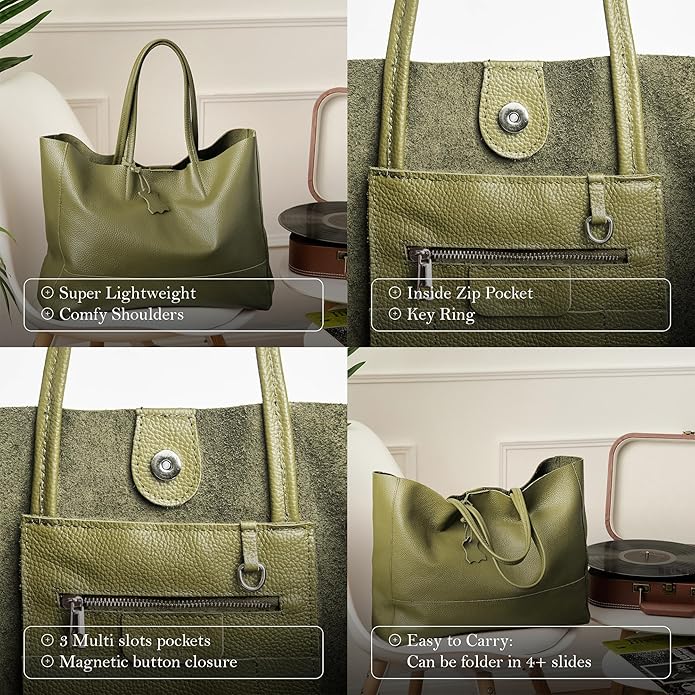 Italian Leather Tote Bag for Women - Large Shoulder Shopper, Fits 16” Laptop, Keychain Holder, Made in Italy