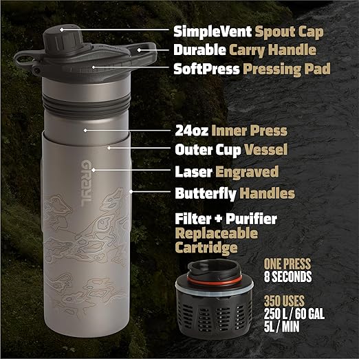 GRAYL GeoPress Titanium 24 oz Water Purifier Bottle - Filter for Hiking, Camping, Survival, Travel (Covert Black)