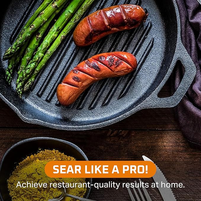 Bruntmor Enameled Cast Iron Skillets - 10-Inch Round Grill Pans for Stove Tops with Glass Lid - 3.5 Quarts Large Frying Pan with Double Loop Handles - Safe for Oven and All Cooking Tops - Black