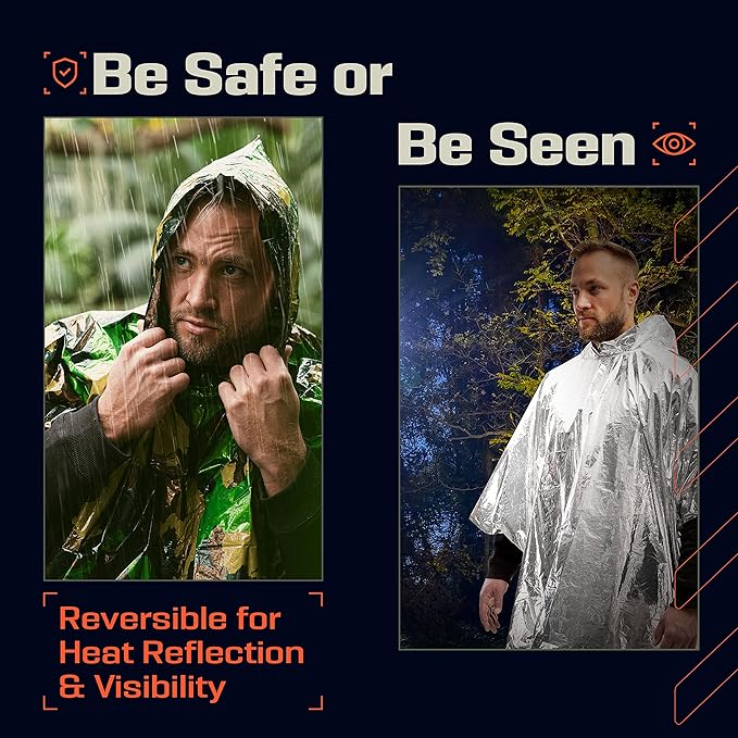 PREPARED4X Emergency Poncho and Mylar Blanket Liner - Waterproof, Wind-Resistant Outdoor Rain Poncho for Camping, Emergencies