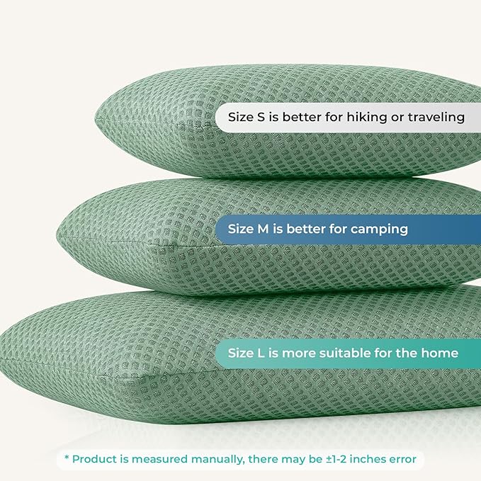 Travel Pillow Memory Foam Pillows, Camping Pillow-Compressible Medium Firm, Breathable Cover, Ideal Backpacking Hiking, Bed Pillows, Airplane and Car (Green, M)