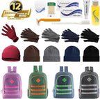 Bulk Case of 12 Backpacks, 12 Winter Item Sets, 12 Hygiene Supplies Kits - Bulk Supplies for Cold Weather, Emergencies, Homeless, Charity - Wholesale Unisex Winter Accessories