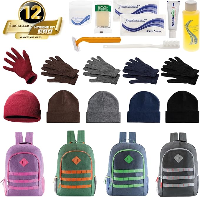 Bulk Case of 12 Backpacks, 12 Winter Item Sets, 12 Hygiene Supplies Kits - Bulk Supplies for Cold Weather, Emergencies, Homeless, Charity - Wholesale Unisex Winter Accessories