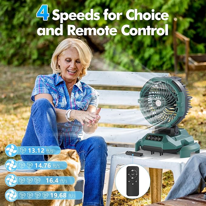 Portable Misting Fan, 4 Powerful Speed & 4 Spray Modes, 30000mAh Battery Powered, Remote Control, Auto Oscillation with Adjustable Base fit for 10-13 inch Bucket for Outdoor Camping Beach Travel