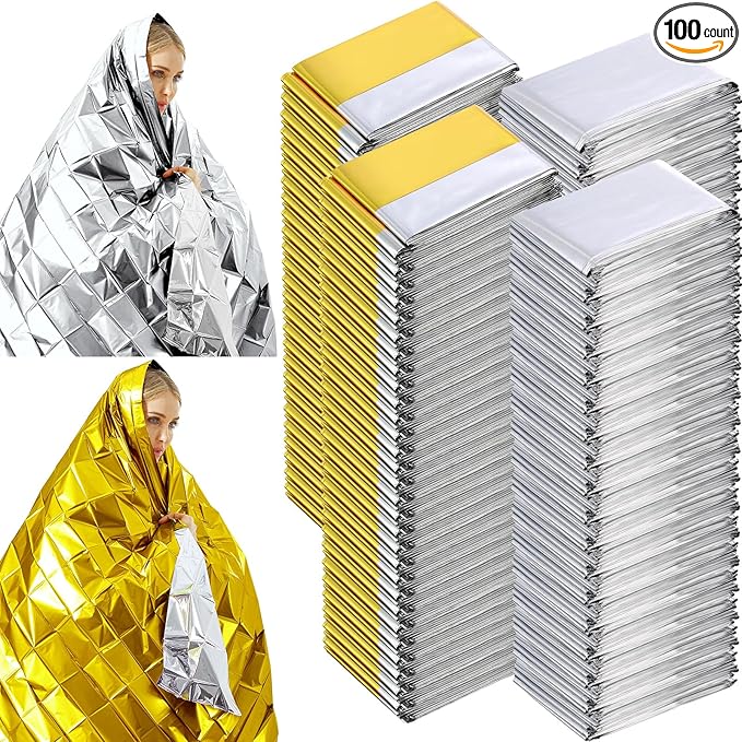 Kanayu 100 Pack Emergency Foil Thermal Blankets for Survival 82 x 63 Foil Space Blanket Kit for Outdoors Camping Hiking Homeless Survival or First Aid, 50 Pcs Golden 50 Pcs Silver