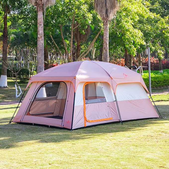 KTT Large Family Cabin Tent 10-12 Person,14.1X10X6.58ft,2 Rooms,3 Storage Pockets,2 Bay-Windows 3 Doors and 3 Windows with Mesh,Straight Wall,Waterproof,Double Layer,Big Tent for Outdoor,Camping