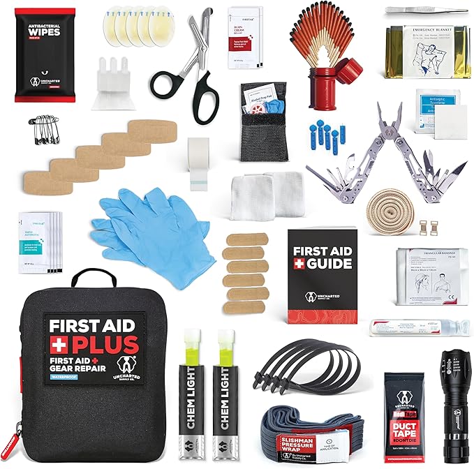 Uncharted Supply Co. First Aid Plus – Waterproof First Aid & Survival Kit with Rip-Away MOLLE Backer – Packed with Medical Supplies & Tools for Trucks, Boats, ATVs, and Outdoor Emergencies