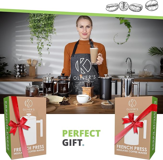 Oliver's Kitchen ® Premium French Press Cafetiere Coffee Maker - Thermal Insulated Double Wall - Black 1 Liter