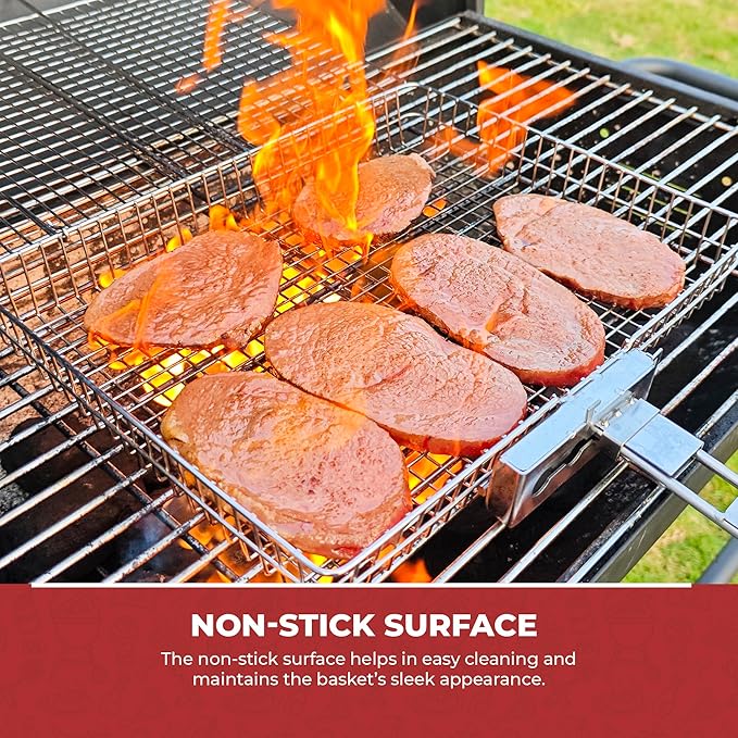 LUSSIER Grilling Basket for Outdoor Grill – Large Foldable Stainless Steel Barbeque Basket with Removable Handle, Skewers & Basting Brush Non-Stick BBQ Grill Basket for Veggies, Fish & Shrimps