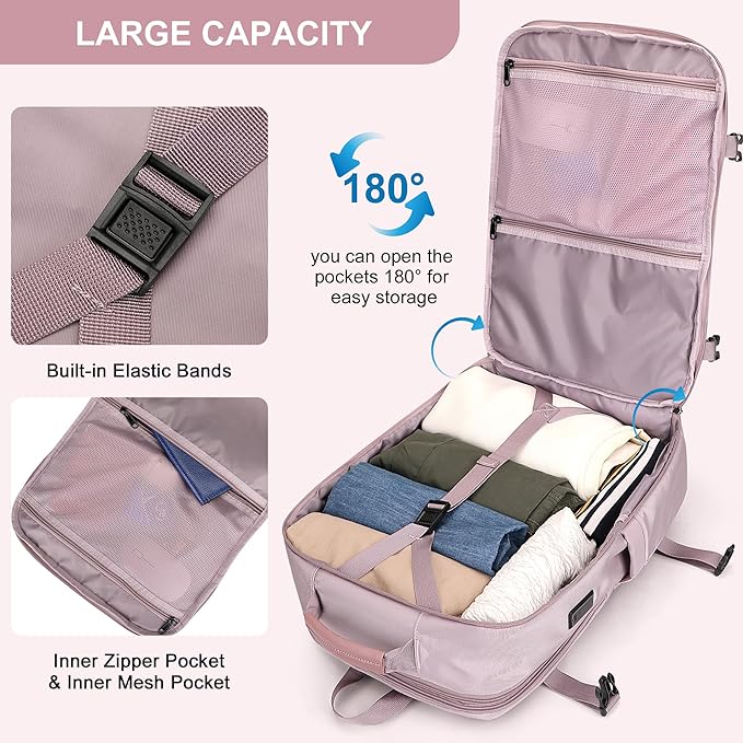 PIJUSHI Travel Backpack for Women Expandable Carry on Luggage Backpack Airline Approved Personal Item Laptop Bag(PE034 Light Purple)