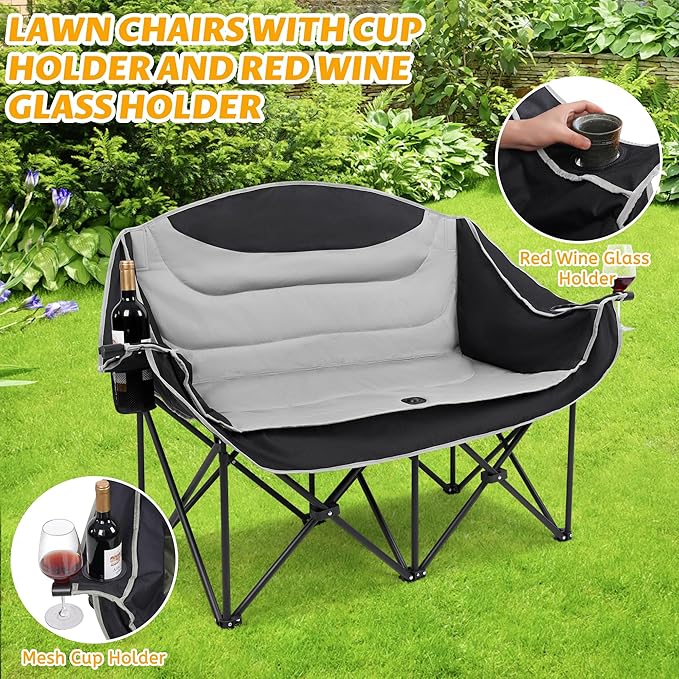 UBALANCE Double Camping Chair for Adults - Heavy Duty 650LBS Portable Camping Chairs Oversized Camping Loveseat, Folding Camping Chair for Garden Lawn Sport Picnic Beach Fishing (Gray)